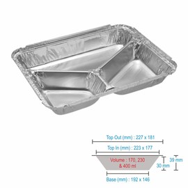 JMS we create smile - 3 Compartment Silver Disposable Aluminium Foil Trays With Paper Lids | Food Container Plates For Food Storage & Takeaway (50)