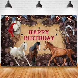 Horse Birthday Party Saddle Up Celebration Banner Decoration One Wild West Stable Backdrop Baby Shower Photo Background Rustic Country Party Supplies, 9x6ft