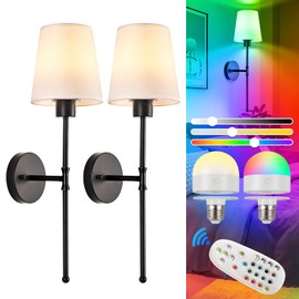 Depuley Battery Operated Wall Sconce: Rechargeable Wall Lamp Set of 2 with Remote and Dimmable Bulb for Home Decor - Wireless Wall Lights with 15 Colors for Bedroom E26 Base Fabric Shade Black
