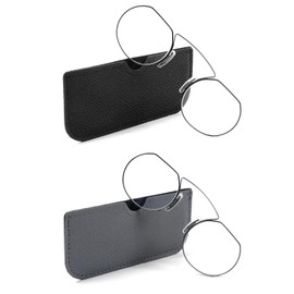 REAVEE 2 Pack Small Armless Reading Glasses for Men Women, Blue Light Blocking Round No Temple Thin Compact Readers with Portable Case, Black and Grey +2.0