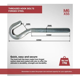 DOJA Industrial Thread Screw Hook, M6 x 55, Pack of 10, Heavy Duty Hook Screws, Bolt Hooks, Threaded Hooks, Hooks for Screwing: Wall Hooks, Ceiling Hooks, Wall Hooks, Ceiling Hooks