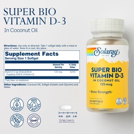 SOLARAY Solaray Super Bio Vitamin D3 in Coconut Oil - D3 Vitamin 5000 IU - Bone Health and Immune Support Supplement - Lab Verified, Made Wtihout Soy, 60-Day Guarantee - 120 Softgels, 120 Servings