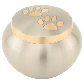 Silverlight Urns Paw Print Round Pet Urn in Pewter Medium, Brass Urn for Cat or Dog Ashes, Silver, 3.75 Inches High