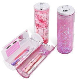 Multifunctional Pencil Case Box with Lock, Calculator, Quicksand, Mirror, Standing cylinder Shape, Cute Pen Holder, Kawaii Desk Organizer for Girls, Boys, Kids, School Supplies(Sakura forest)