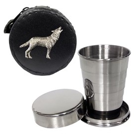 Knight 2oz Collapsible Drinking Cup with Leather Howling Wolf Case
