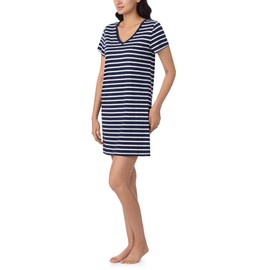 Nautica Womens Sleep Shirt Dress - Mid-Thigh Length Lightweight, Breathable Pajama Top - Cotton Knit Jersey V-Neck Sleepwear and Loungewear, Navy Stripe, 1X