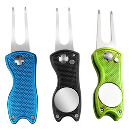 JYNARIX 3 PCS Golf Divot Repair Tool, Pitch Mark Repair Tool, Metal Foldable Golf Divot Tool with Popup Button Magnetic Ball Marker (Black, Blue, Green)