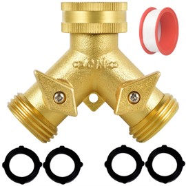 2 Way Heavy Duty Brass Garden Hose Connector Tap Splitter for Lawn and Garden - Outlet Splitter, Hose Splitter, Hose Spigot Adapter with 2 Valves, Plus 4 Extra Rubber Washers Updated Version