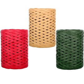 3 Rolls 100M Christmas Raffia Paper Ribbon,Natural Green Red Raffia Paper String Packing Ribbon Raffia Yarn Christmas Matte Raffia Twine Paper Recyclable Ribbons for Gift Wrapping Christmas Party
