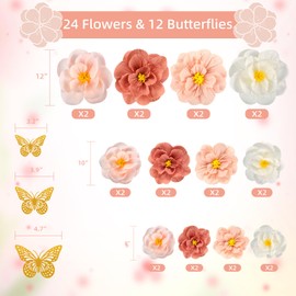 Qunland 36 Pcs Tissue Paper Flowers, Crepe Paper Flowers Decorations, Large Paper Flower w 3D Butterfly for Baby Shower Nursery Room Wedding Birthday Garden Party & Events Wall Décor(Pink White)