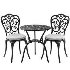 Withniture 3 Piece Bistro Patio Set Cast Aluminum Bistro Table and Chairs Set of 2 with Cushion,Outdoor Bistro Table Set with Umbrella Hole,Metal Patio Furniture Set for Garden,Black