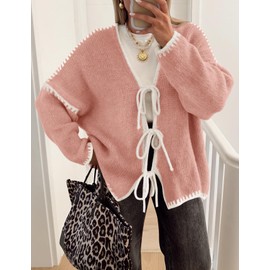 ZESICA Women's Tie Front Bow Cardigan Sweaters 2025 Casual Long Sleeve Knit Color Block Fall Winter Clothing Coats,Pink,Medium