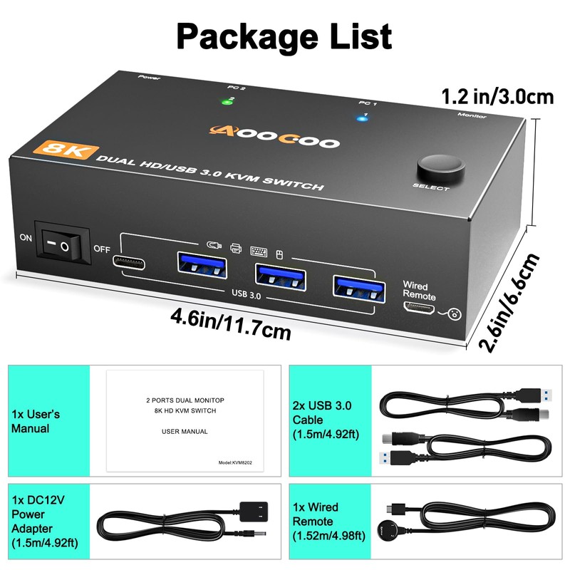 Dual Monitor 8K HDMI KVM Switch 8K@60Hz 4K@120Hz HDMI USB
