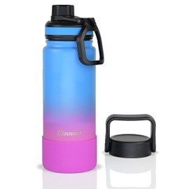 Linnuo Trinkflasche Edelstahl 600ml Auslaufsicher Thermoskanne BPA-Frei Wasserflasche für Sport Fitness Fahrrad Uni Outdoor, 2 Deckel, Silikonboden, Kohlensäure Thermosflasche für Mädchen (Blau-Pink)