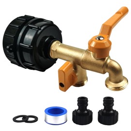 Zyklonix IBC Tote Adapter,Dual Outlet for 275-330 Gallon Tank,2 in 1 Solid Brass Faucets with 2.44" Fine Thread,IBC Tote Fittings Valve,for Garden Hose Connector Replacement