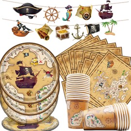Doyomtoy Pirate Theme Party Tableware Set, Pirate Children's Birthday Decoration, 61 Pieces Pirate Tableware Set, Party Plates, Paper Cups, Tissue Paper, Pull Flags