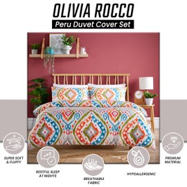 Olivia Rocco Peru Duvet Cover Set Soft Quilt Bedding Covers with Pillowcases Ultra Soft Luxurious Feel Multi Coloured Printed Design Modern for Comfort Sleep, Double