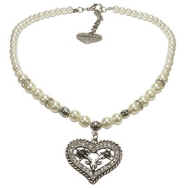 Alpenflüstern DHK162 Pearl Costume Necklace Rhinestone Heart Deer Women's Costume Jewellery with Rhinestone Costume Heart and Stag Head, Elegant Dirndl Necklace in Black and Cream White, Pearl, Pearl