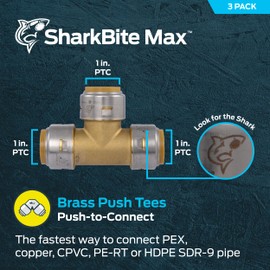 SharkBite Max 1 Inch Tee, Pack of 3, Push to Connect Brass Plumbing Fitting, PEX Pipe, Copper, CPVC, PE-RT, HDPE, UR374