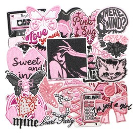 HEYTRCO 27PCS Y2K Pink Goth Embroidery Patches Iron On Aesthetic Sweet Heart Cat Headphone Retro Applique for Jackets Bags Hats Alternative Fashion