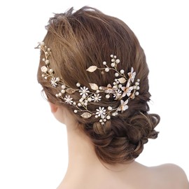 Samcos Hair Ornament, Flowers, Pearl, Ribbon, White, Headdress, Crystal Beads, Garland, Hair Accessories, Wedding