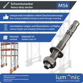 Lumonic Heavy Duty Anchor M16 x 160 Stainless Steel A4 I For Use As A Wedge Anchor, Metal Dowel, Bolt Anchor, Flash Dowel I For Various Types Of Through Stec