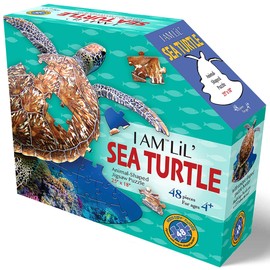 Madd Capp: I Am Lil' Sea Turtle - 48 Piece Puzzle - Kids Aquatic Animal-Shaped Jigsaw, 25x18 Size, Poster Reference, Educational Fun Fact Booklet