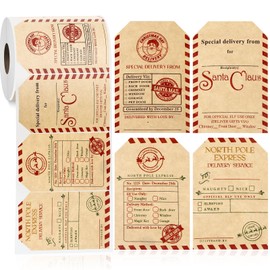 Zonon 500 Pcs Christmas Kraft Paper Sticker Roll Santa Claus Stickers Self Adhesive Christmas Gift Name Stickers Easy to Write Tags for Xmas Gift Wrapping, 2 x 3 Inch