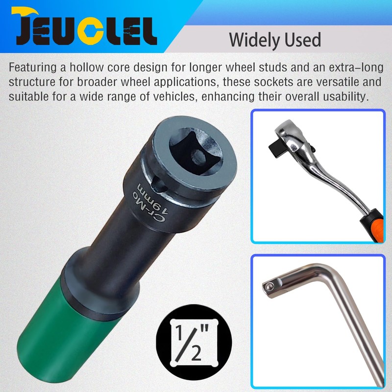 JEUCLEL 19mm 1/2"Extra-long Thin Wall Wheel Protector Impact Deep Socket,