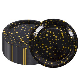 CEILIWEN Party Plates, Black Gold, Disposable Paper Plates, Round, 9 Inch Black Gold Plates, Birthday Disposable Plates, Black Gold Paper Plates, Stars, Pack of 50