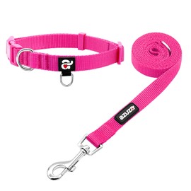 azuza Nylon Dog Collar and Leash Set, Strong & Durable Basic Style Leash and Collar with ID Tag Ring, Available in Multiple Lengths for Medium Dogs, Hot Pink,M