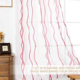 FY Fiber House - Cortinas de gasa semitransparentes para sala de estar y dormitorio con ojales en la parte superior, tratamientos suaves y ligeros para la decoración de la habitación, juego de 2 paneles, 132 x 2113 cm, estampado de ondas blanco/rosa