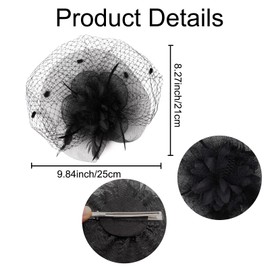 5Pcs Tea Party Fascinator Hat for Women Mesh Fascinators for Women Feather Flower Hat Lace Glove Pearl Jewelry Set, Black, 0-1
