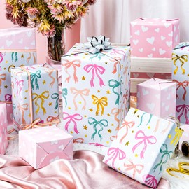 MAYPLUSS Girl Wrapping Paper Roll, Girly Bow Wrapping Paper, Reversible Elegant Bows Pink Gift Wrap for Birthday, Girl Baby Shower, Wedding, Christmas, Valentine's Day, Bachelorette(17 In X 16.5 Ft)