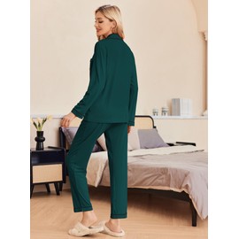 Ekouaer Pajamas Women's Long Sleeve Sleepwear Soft Button Down Loungewear Pjs Lounge Set Nightwear,Dark Green,Medium