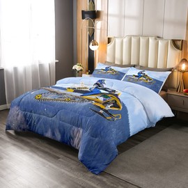 Snowmobile Pattern Bedding Set Men Snow Mountain Landscape Comforter Set for Kids Boys Girls Teens Winter Seasonal Sport Duvet Set Sports Theme Comforter Room Decor Full Size