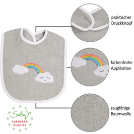 Smithy Baby Bib with Rainbow Cloud, Cotton Terry Towelling, Baby Bib, Burp Cloth, Boys & Girls, 0 to 36 Months, Grey
