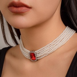 YERTTER Multi-layered Pearl Choker Necklace Crystal Pendant Charm Chain Collar Choker Boho Pearl Chain for Women (Red)