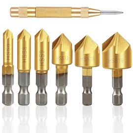 Kigauru 6 Piece Set Chamfering Cutter, Hexagonal Shaft, 0.25 inch (6.35 mm), HSS Steel, Titanium-coated, Countersink Drill, Counterbore, 0.23, 0.39, 0.5, 0.6, 0.7, 0.7 inches (6/8/9/12/16/19 mm),