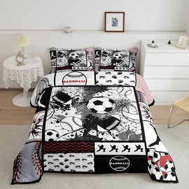 Feelyou Football Comforter Set Full Size Basketball Comforter for Boys Girls Teens Rugby Sports Bedding Set Baseball Duvet Set Room Decor Balck White Grey Mixed Ball Quilt Set