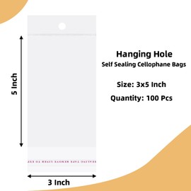 3x5 Inches Hanging Hole Self Sealing Cellophane Bags Self Adhesive, 100 Pieces Clear Resealable Cellophane Bags with hanging header for Jewelry Earring Necklace