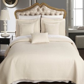 Royal Hotel Bedding Quilt Sets 7PC Bedding Set Bedspread Checkered Quilt Bed in a Bag Sheets and Coverlet Sets, Cal-King Size Quilt, Ivory Quilt