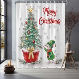 Christmas Shower Curtains Merry Xmas Green Christmas Tree Winter White Snow Gold Stars Red Scarf Bathroom Shower Curtain Xmas Holiday Bathroom Curtain 71X71 Inch with Hooks