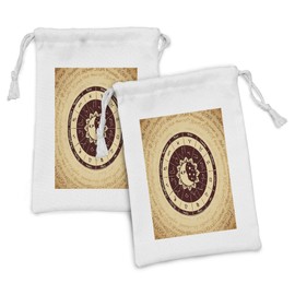 Ambesonne Zodiac Moon Fabric Pouch Set of 2, Horoscope Wheel on Manuscript, Small Drawstring Bag for Toiletries Masks and Favors, 9" x 6", Beige Seal Brown