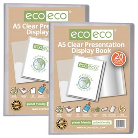 eco-eco A5 Size 50 Percent Recycled 20 Pocket Clear Presentation Display Book, Storage Case Portfolio Art Folder with Plastic Sleeves, Pack of 2, eco127x2