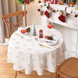 Alishomtll Christmas Tablecloth Table Cover Waterproof Table Cloth Round Wipe Clean, Gold Snowflake Xmas Washable Tablecloth for Holiday Dinner Kitchen Party New Year, Diameter 57in/146cm
