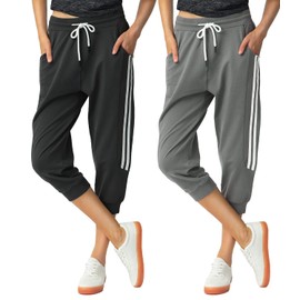 SPECIALMAGIC Women's 2 Pack Capri Pants Cropped Joggers with Pockets Capri Sweatpants Black+Dark Grey XX-Large