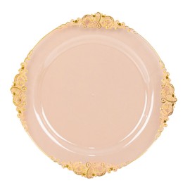 Balsa Circle 10 Transparent Blush Round 8" Disposable Plastic Salad Dinner Plates Gold Embossed Baroque Trim Party Events Reception Catering Buffet Dinnerware Tableware Decorations