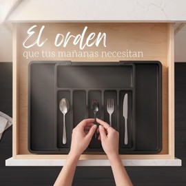 Organizador De Cubiertos, Bandeja Expansible para Cajon, Organizador de Cocina Ajustable con 8 Divisiones, Soporte de Cubiertos Resistente, Porta Cubiertos Practico | Ecomlab (NEGRO)