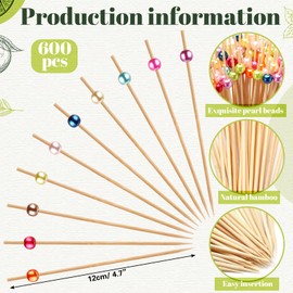 Reallnaive 600 Pcs Cocktail Pick Toothpick for Appetizer 4.7 Inch Pearl Cocktail Skewer for Drink Bamboo Flavored Stick Charcuterie Fruit Food Accessories Birthday Wedding Party Decoration (Mix Color)